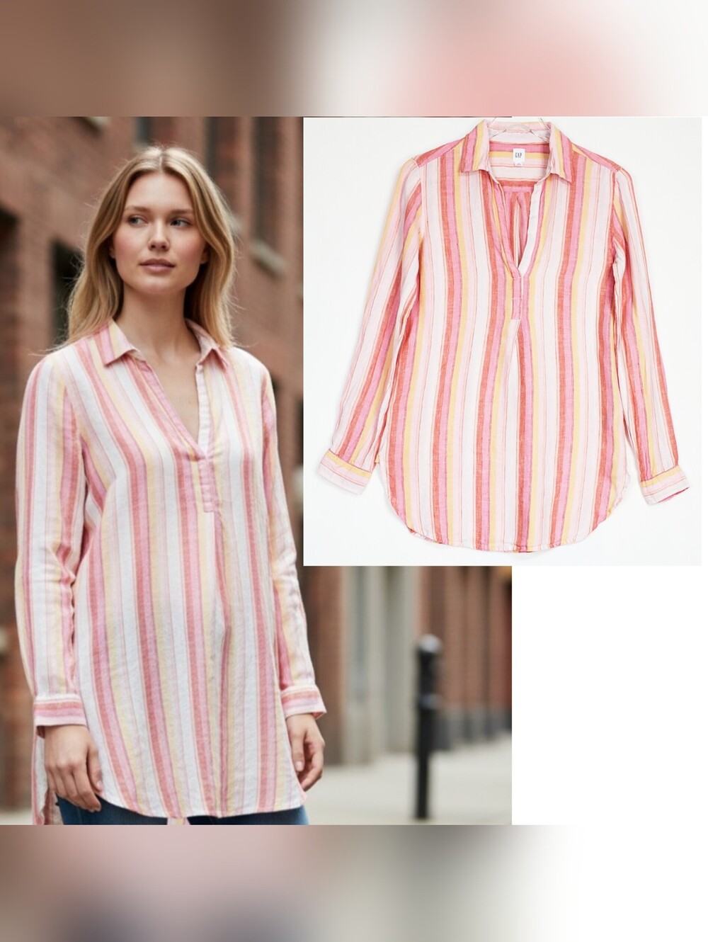 Gap XS linen striped boyfriend tunic top long sleeve multi summer nautical beach